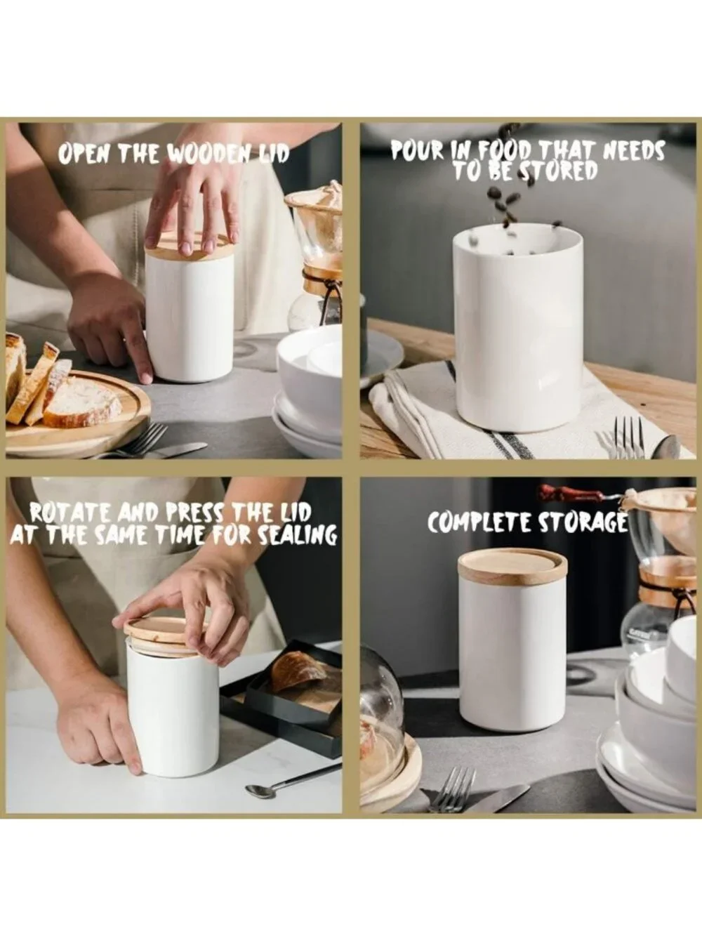 Stackable Ceramic Kitchen Canisters with Airtight Wooden Lid - Food Storage Jars